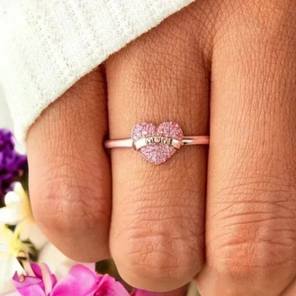 MOM Ring Heart Shaped Pink Rhinestones Sz 7, Sz 8